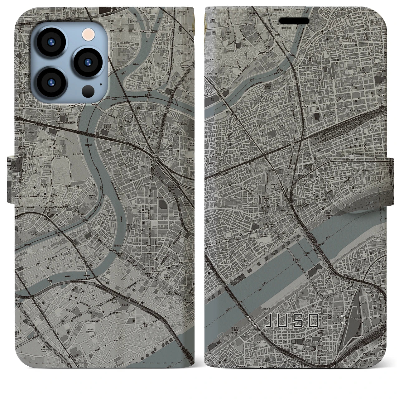 【十三(大阪府)】地図柄iPhoneケース(手帳タイプ)モノトーン・iPhone 13 Pro Max 用