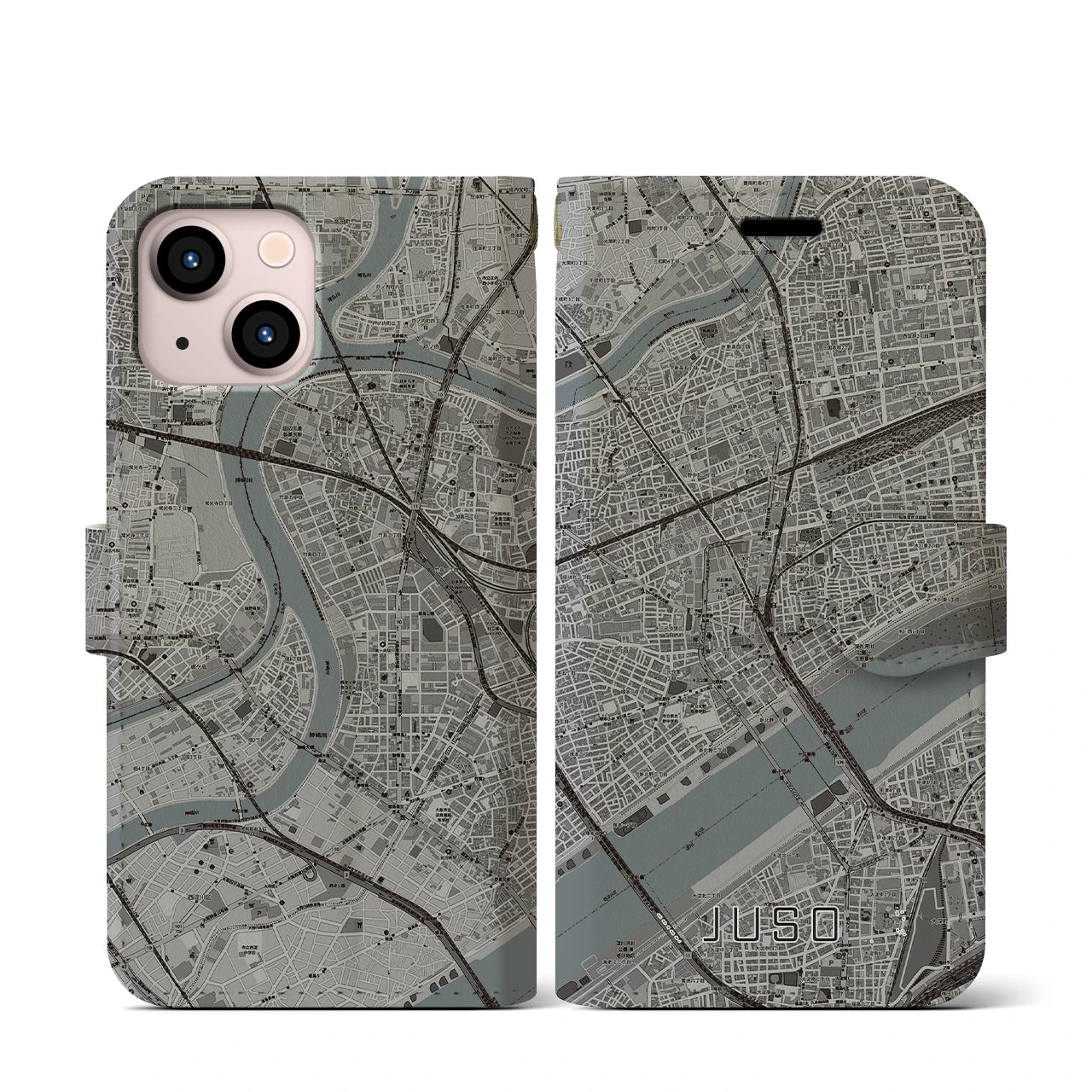 【十三(大阪府)】地図柄iPhoneケース(手帳タイプ)モノトーン・iPhone 13 mini 用