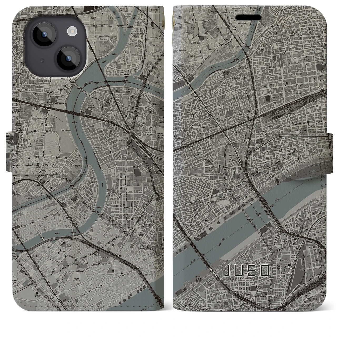 【十三(大阪府)】地図柄iPhoneケース(手帳タイプ)モノトーン・iPhone 14 Plus 用