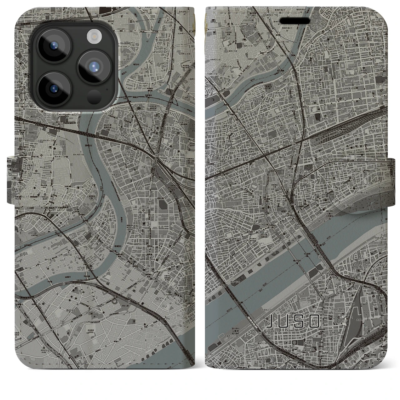 【十三(大阪府)】地図柄iPhoneケース(手帳タイプ)モノトーン・iPhone 15 Pro Max 用