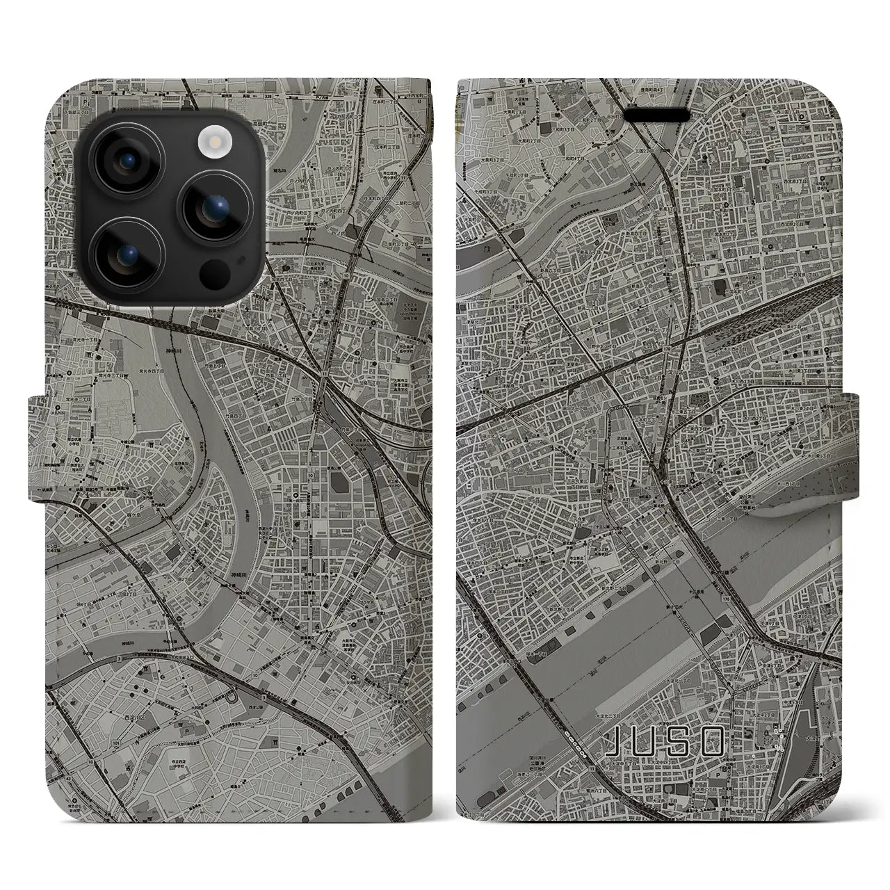 【十三(大阪府)】地図柄iPhoneケース(手帳タイプ)モノトーン・iPhone 16 用