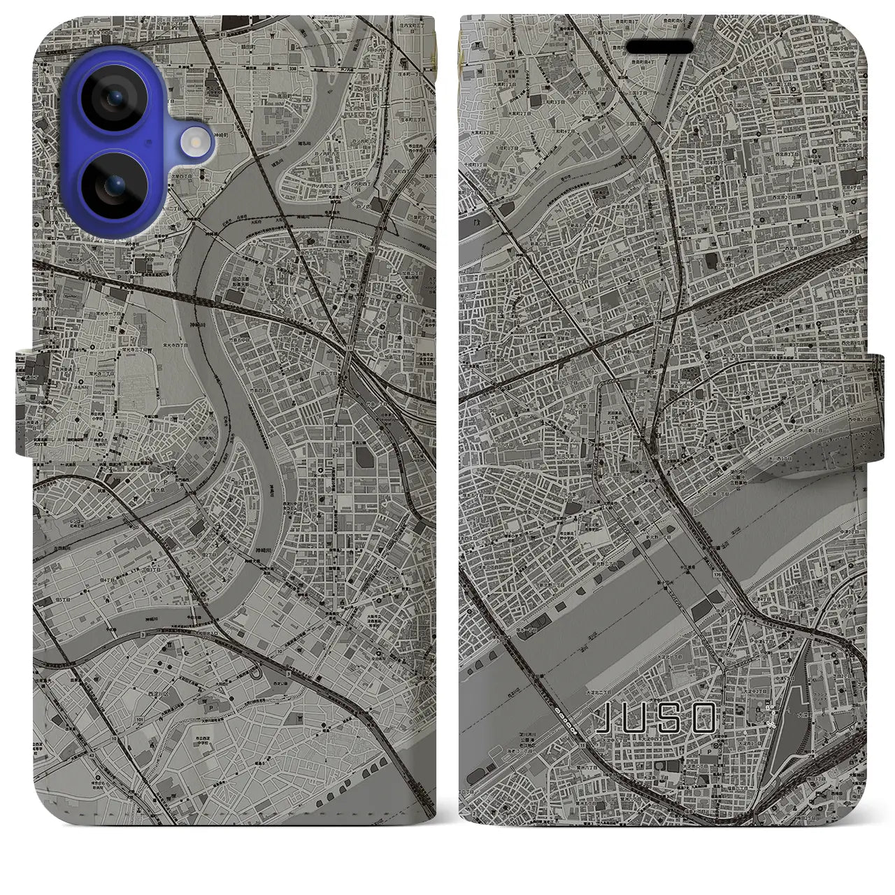 【十三(大阪府)】地図柄iPhoneケース(手帳タイプ)モノトーン・iPhone 16 Pro Max 用