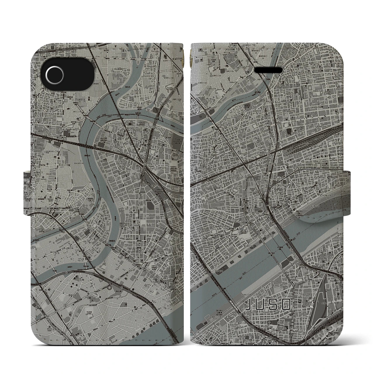 【十三(大阪府)】地図柄iPhoneケース(手帳タイプ)モノトーン・iPhone SE(第3 / 第2世代) / 8 / 7 / 6s / 6 用