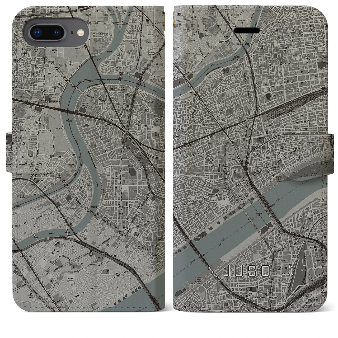 【十三(大阪府)】地図柄iPhoneケース(手帳タイプ)モノトーン・iPhone 8Plus /7Plus / 6sPlus / 6Plus 用