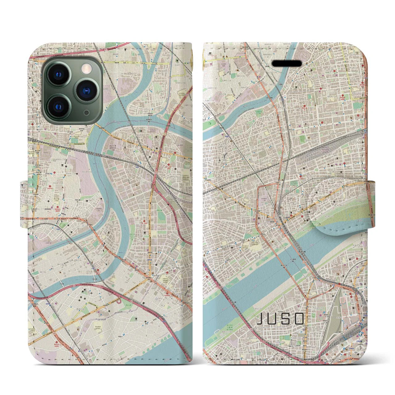 【十三(大阪府)】地図柄iPhoneケース(手帳タイプ)ナチュラル・iPhone 11 Pro 用