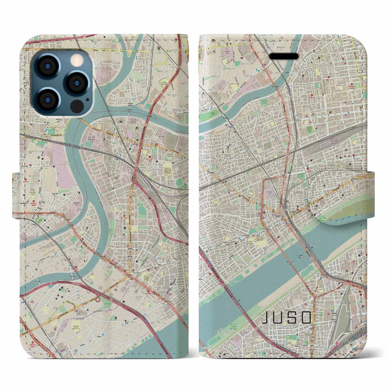 【十三(大阪府)】地図柄iPhoneケース(手帳タイプ)ナチュラル・iPhone 12 / 12 Pro 用