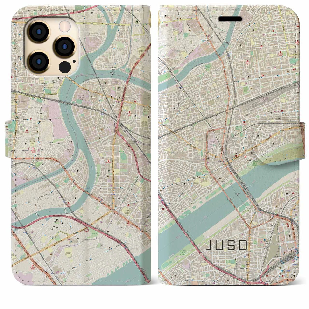 【十三(大阪府)】地図柄iPhoneケース(手帳タイプ)ナチュラル・iPhone 12 Pro Max 用