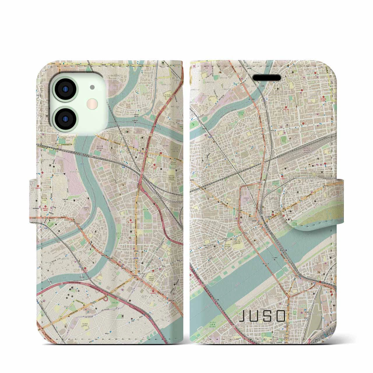 【十三(大阪府)】地図柄iPhoneケース(手帳タイプ)ナチュラル・iPhone 12 mini 用