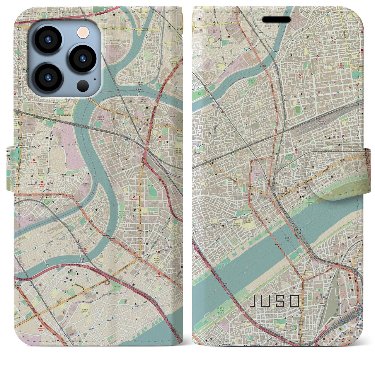 【十三(大阪府)】地図柄iPhoneケース(手帳タイプ)ナチュラル・iPhone 13 Pro Max 用