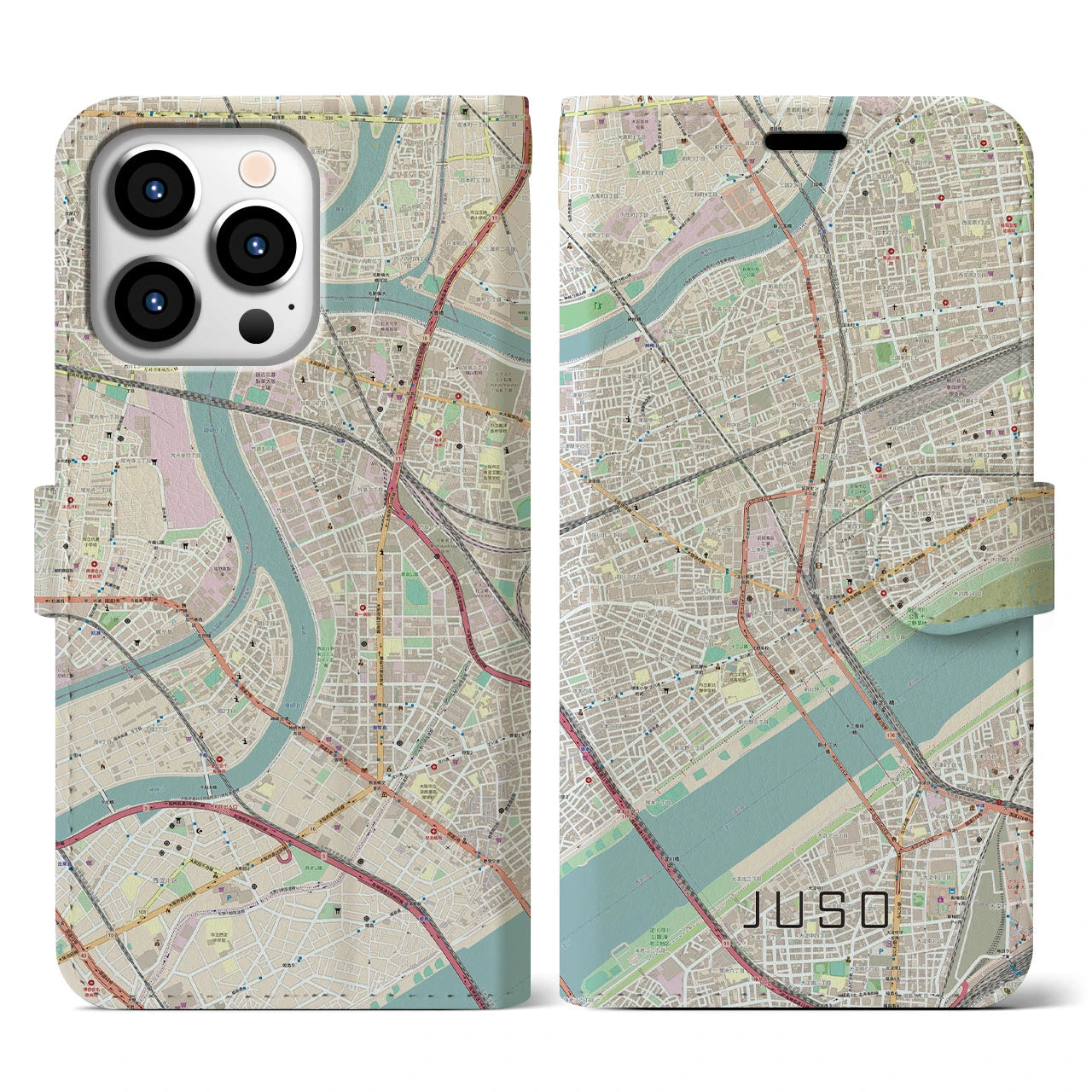 【十三(大阪府)】地図柄iPhoneケース(手帳タイプ)ナチュラル・iPhone 13 Pro 用