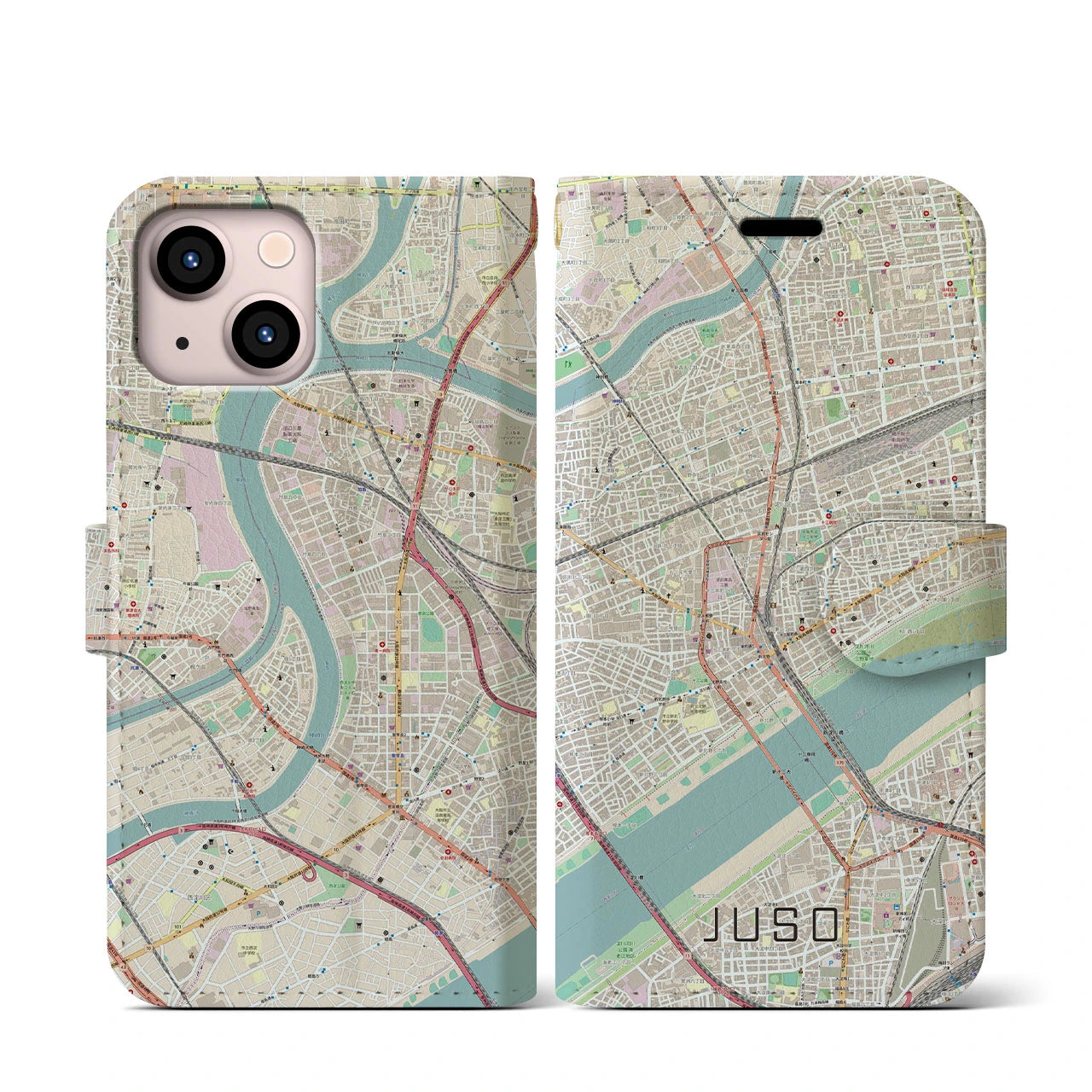 【十三(大阪府)】地図柄iPhoneケース(手帳タイプ)ナチュラル・iPhone 13 mini 用