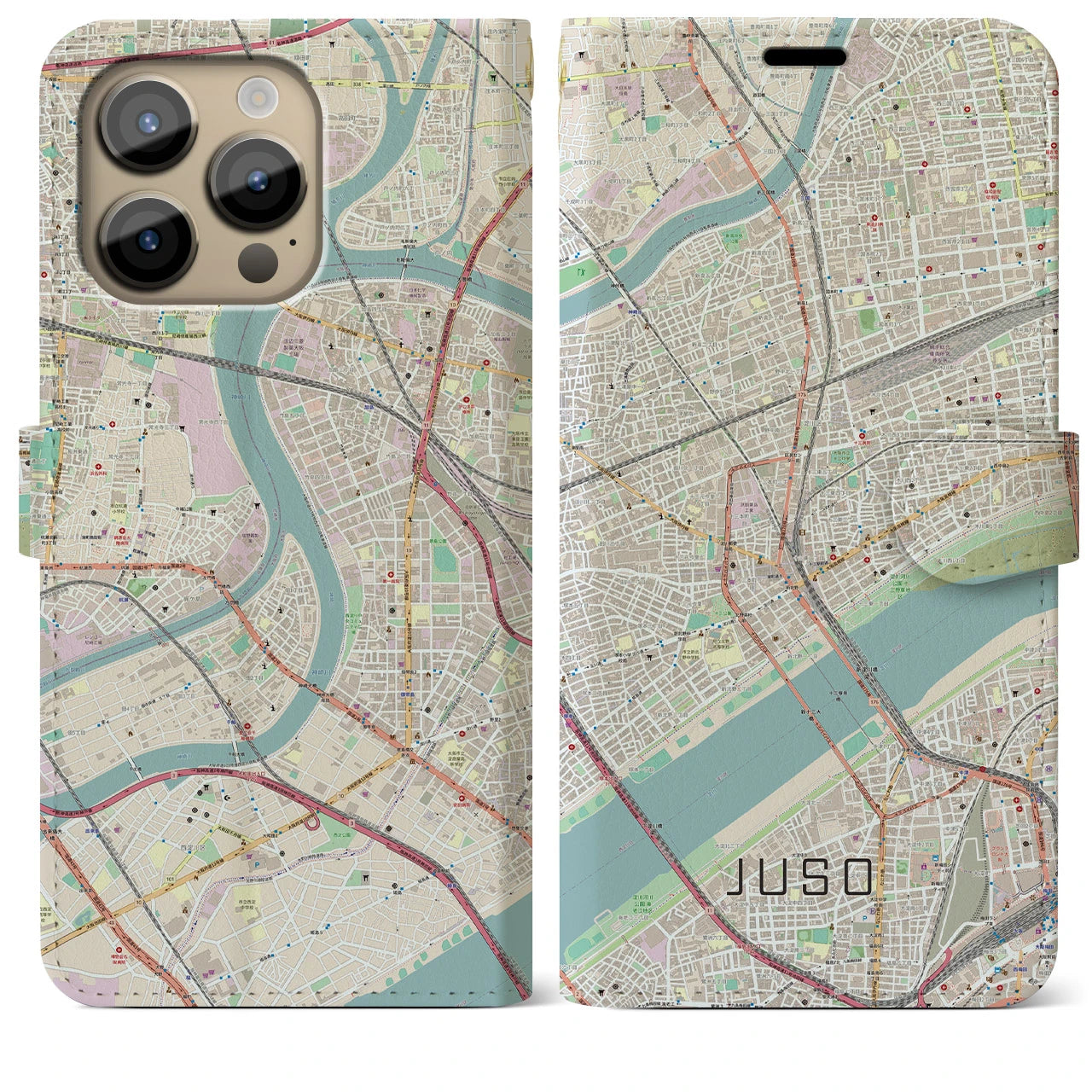 【十三(大阪府)】地図柄iPhoneケース(手帳タイプ)ナチュラル・iPhone 14 Pro Max 用