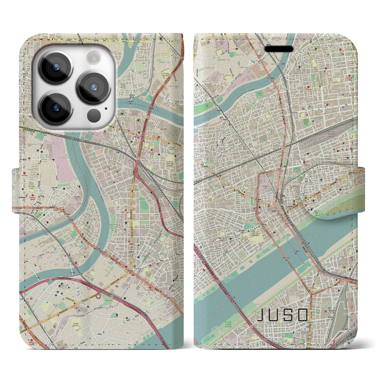 【十三(大阪府)】地図柄iPhoneケース(手帳タイプ)ナチュラル・iPhone 14 Pro 用