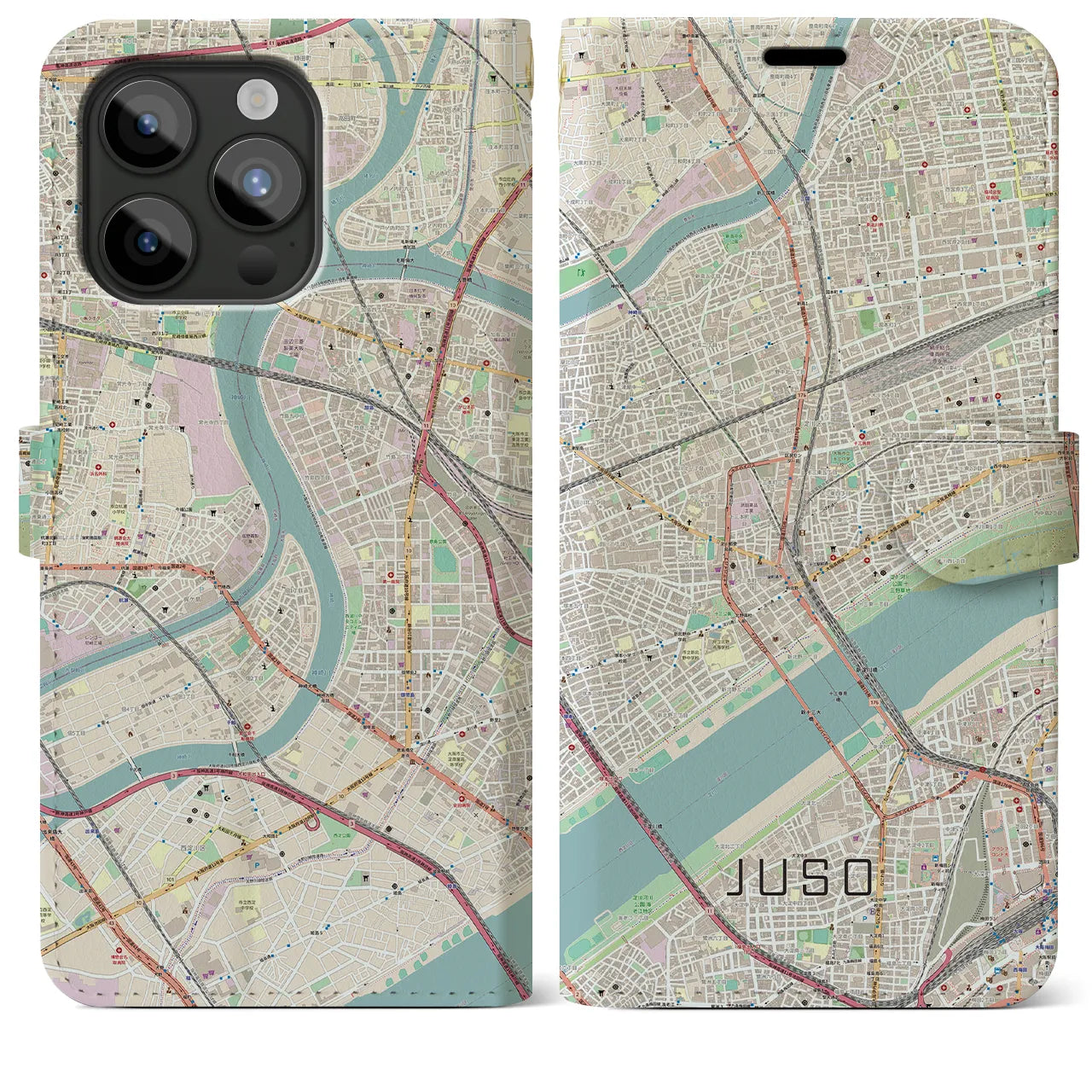 【十三(大阪府)】地図柄iPhoneケース(手帳タイプ)ナチュラル・iPhone 15 Pro Max 用
