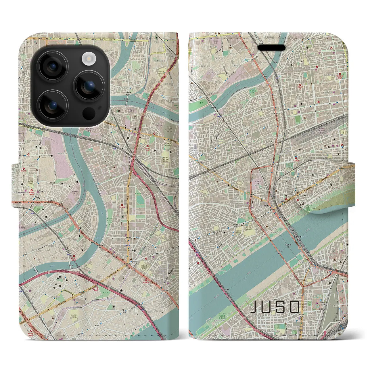 【十三(大阪府)】地図柄iPhoneケース(手帳タイプ)ナチュラル・iPhone 16 用