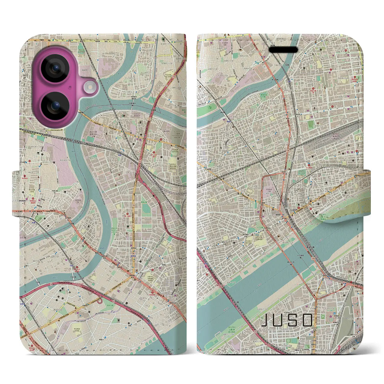 【十三(大阪府)】地図柄iPhoneケース(手帳タイプ)ナチュラル・iPhone 16 Pro 用