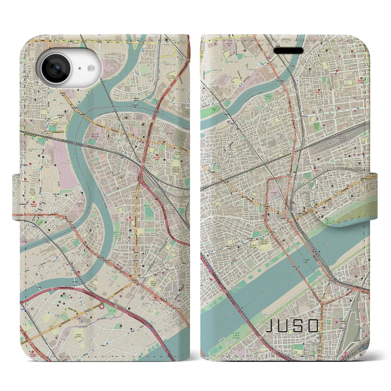 【十三(大阪府)】地図柄iPhoneケース(手帳タイプ)