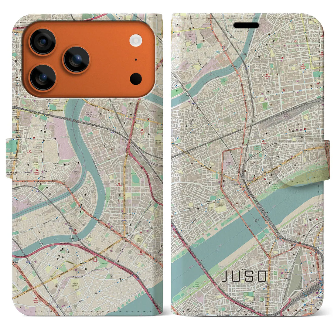 【十三(大阪府)】地図柄iPhoneケース(手帳タイプ)ナチュラル・iPhone 17 Pro Max 用