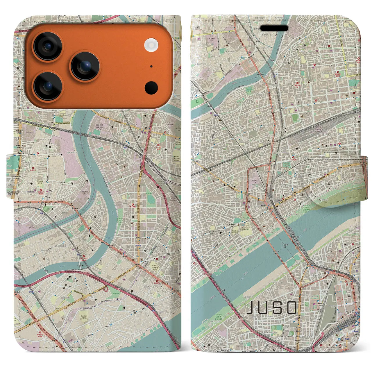 【十三(大阪府)】地図柄iPhoneケース(手帳タイプ)ナチュラル・iPhone 17 Pro Max 用