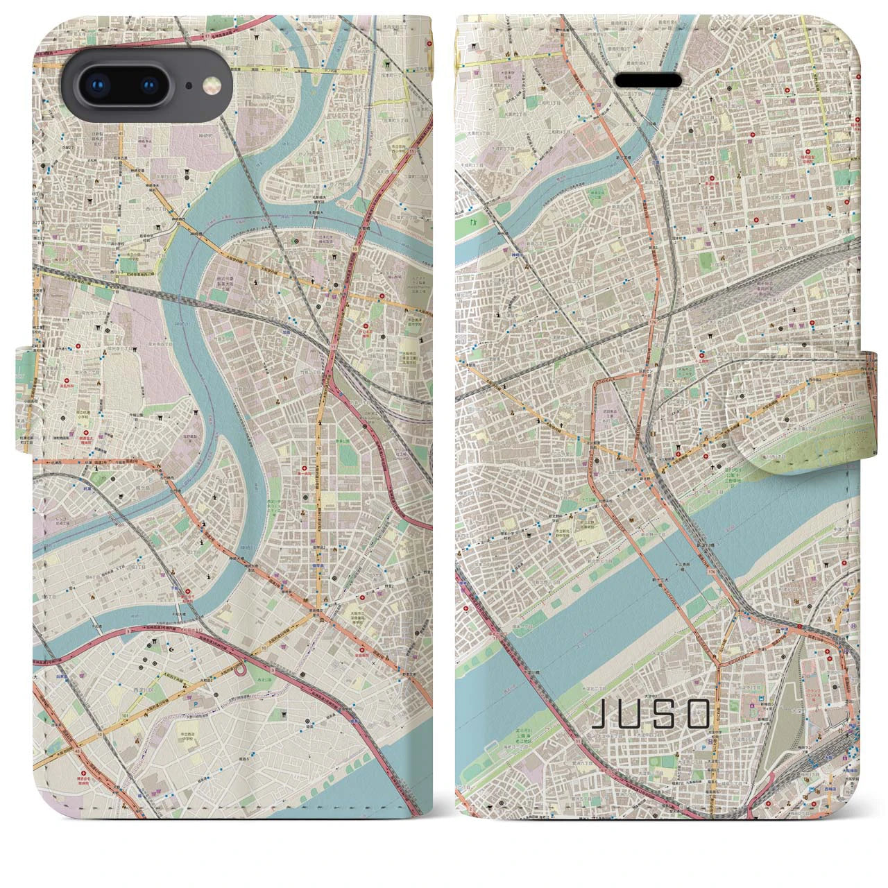 【十三(大阪府)】地図柄iPhoneケース(手帳タイプ)ナチュラル・iPhone 8Plus /7Plus / 6sPlus / 6Plus 用