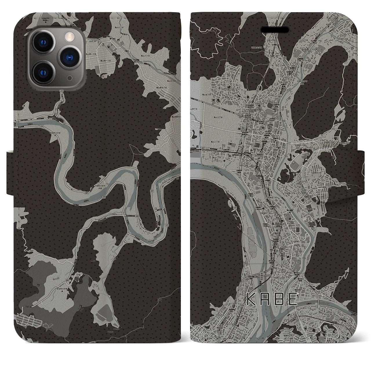 【可部(広島県)】地図柄iPhoneケース(手帳タイプ)モノトーン・iPhone 11 Pro Max 用