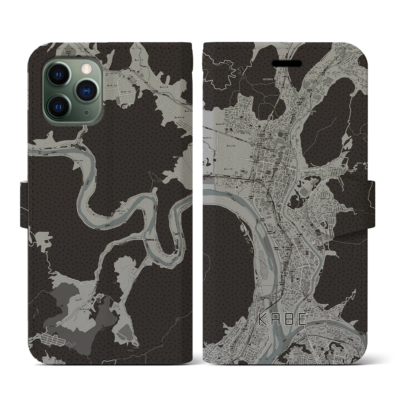 【可部(広島県)】地図柄iPhoneケース(手帳タイプ)モノトーン・iPhone 11 Pro 用