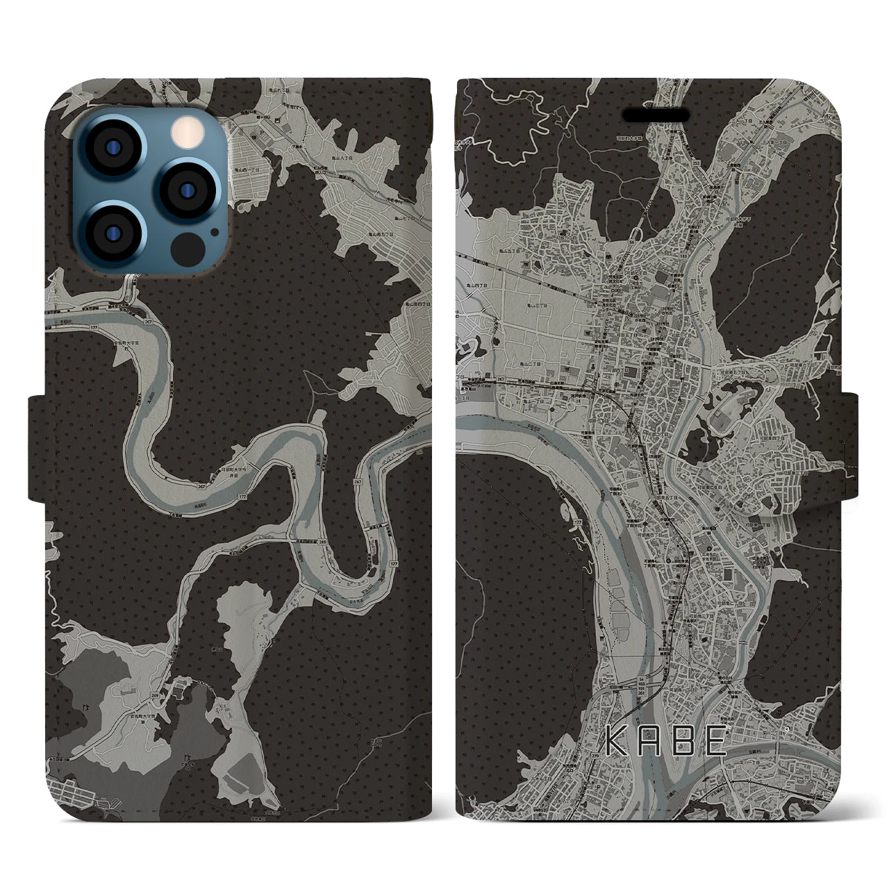 【可部(広島県)】地図柄iPhoneケース(手帳タイプ)モノトーン・iPhone 12 / 12 Pro 用
