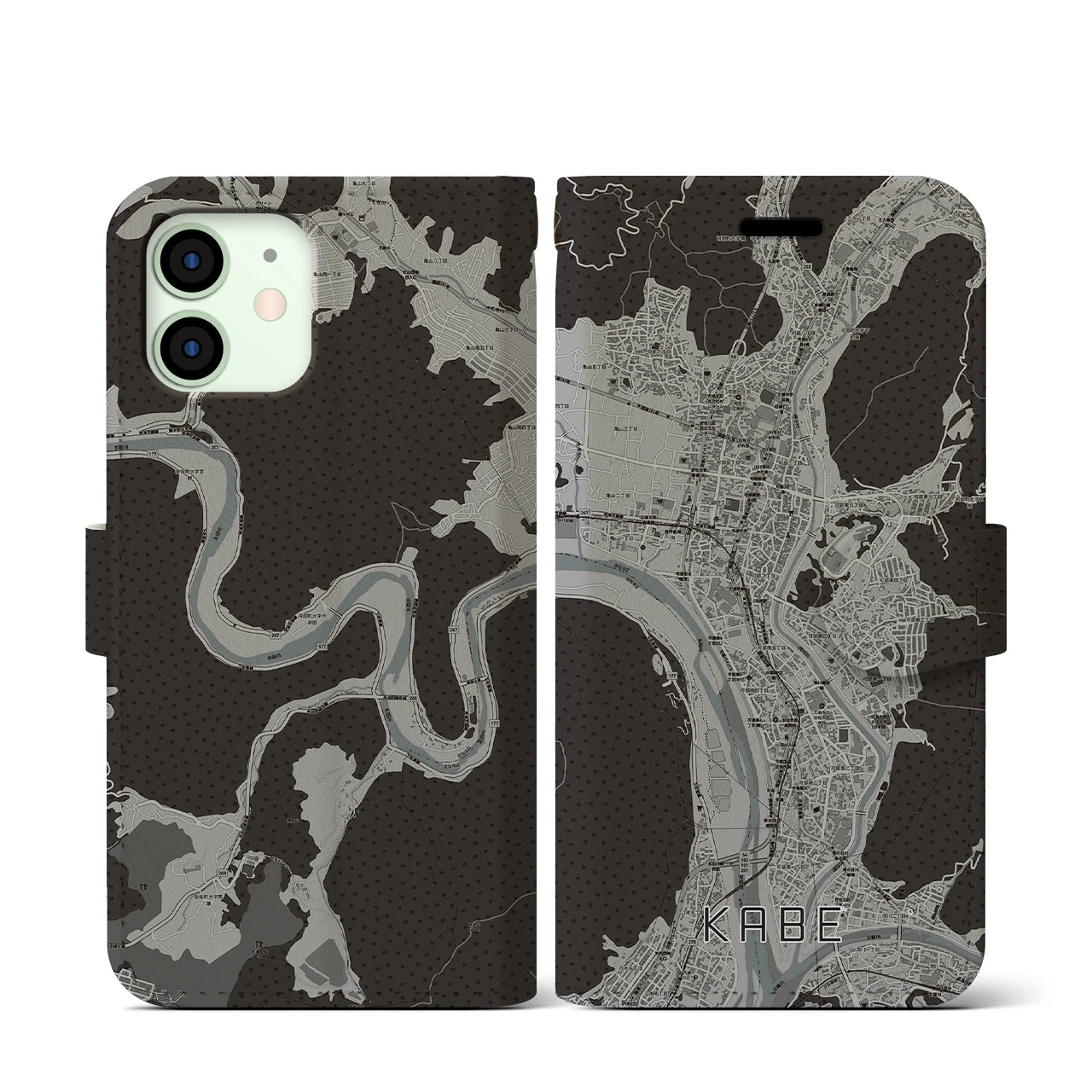 【可部(広島県)】地図柄iPhoneケース(手帳タイプ)モノトーン・iPhone 12 mini 用
