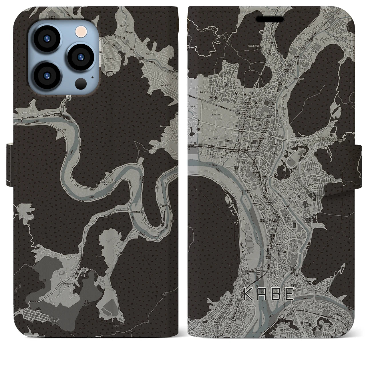 【可部(広島県)】地図柄iPhoneケース(手帳タイプ)モノトーン・iPhone 13 Pro Max 用