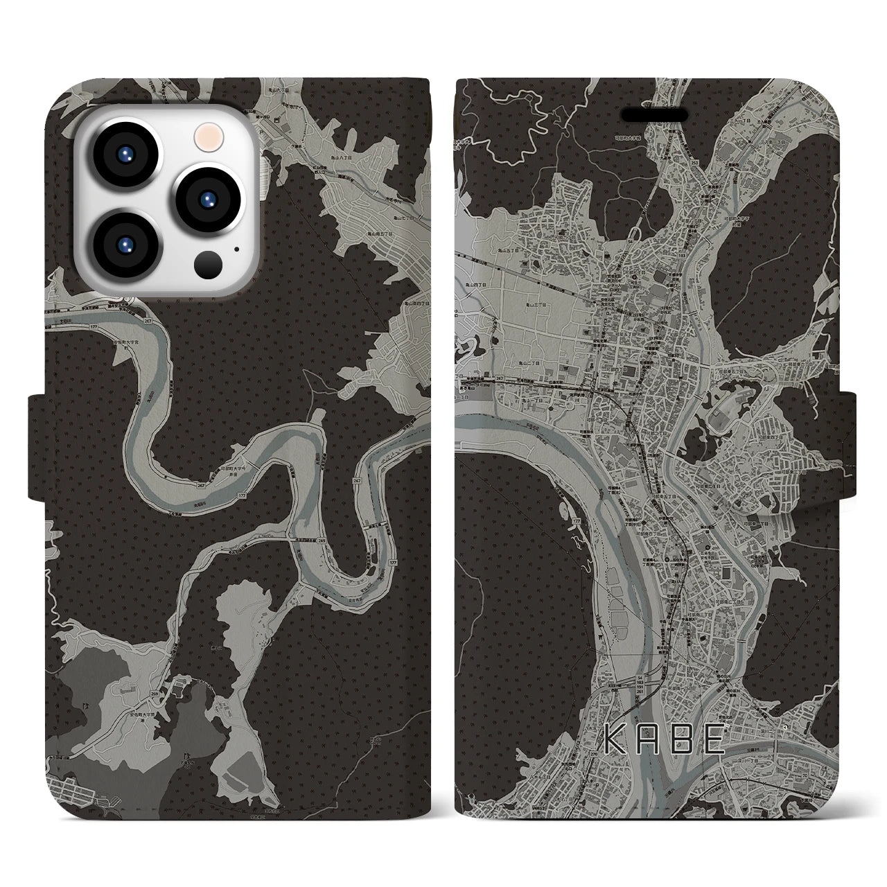 【可部(広島県)】地図柄iPhoneケース(手帳タイプ)モノトーン・iPhone 13 Pro 用