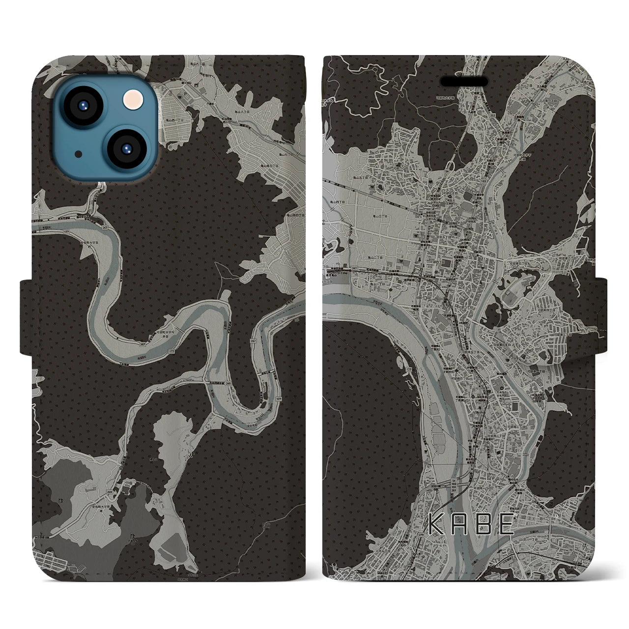【可部(広島県)】地図柄iPhoneケース(手帳タイプ)モノトーン・iPhone 13 用