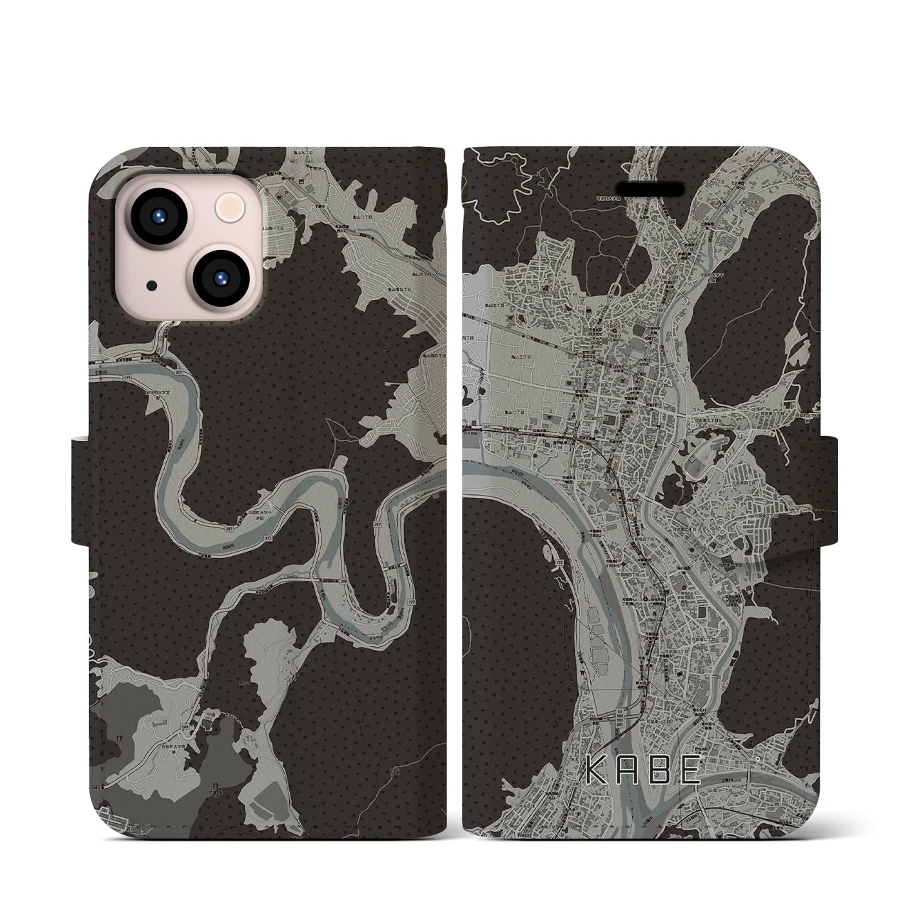 【可部(広島県)】地図柄iPhoneケース(手帳タイプ)モノトーン・iPhone 13 mini 用