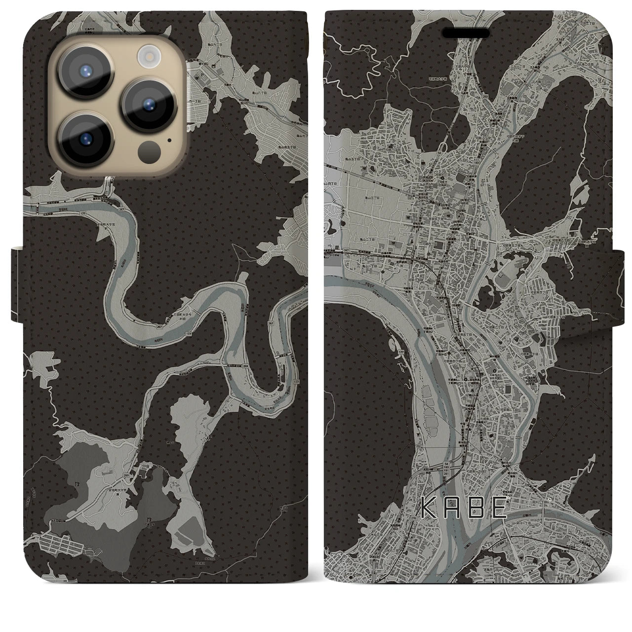 【可部(広島県)】地図柄iPhoneケース(手帳タイプ)モノトーン・iPhone 14 Pro Max 用