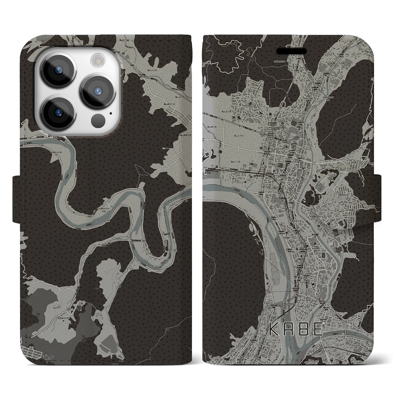 【可部(広島県)】地図柄iPhoneケース(手帳タイプ)モノトーン・iPhone 14 Pro 用