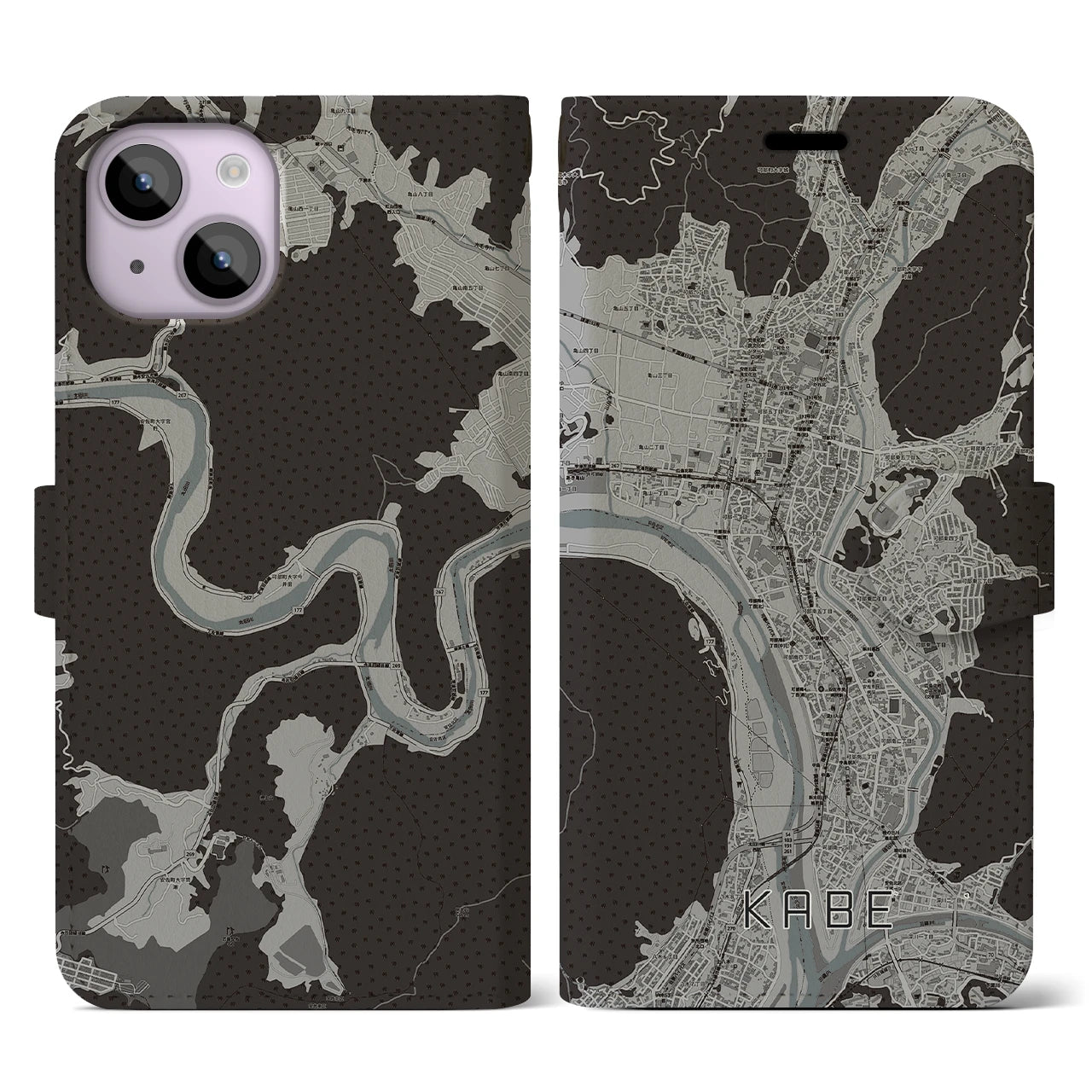 【可部(広島県)】地図柄iPhoneケース(手帳タイプ)モノトーン・iPhone 14 用