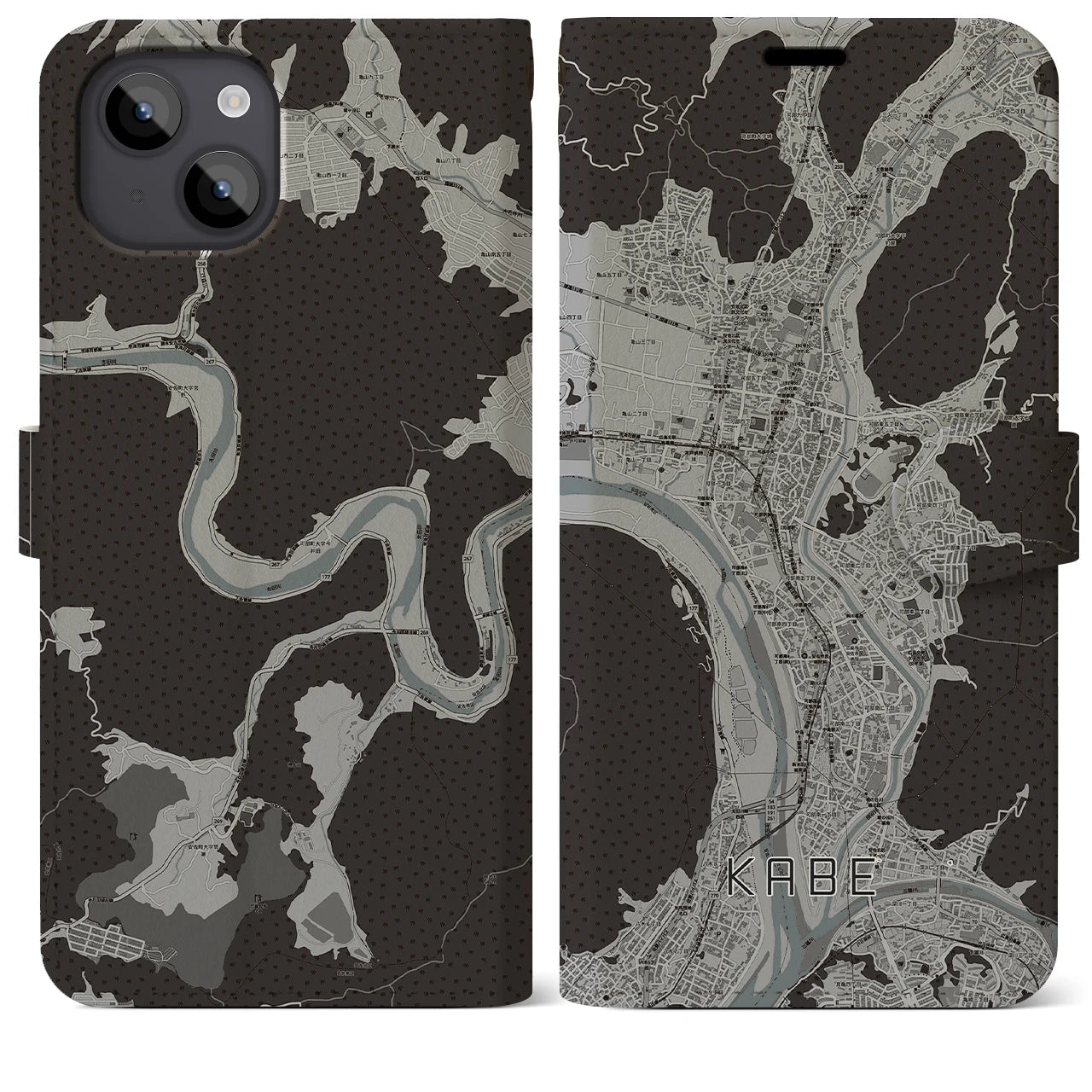 【可部(広島県)】地図柄iPhoneケース(手帳タイプ)モノトーン・iPhone 14 Plus 用