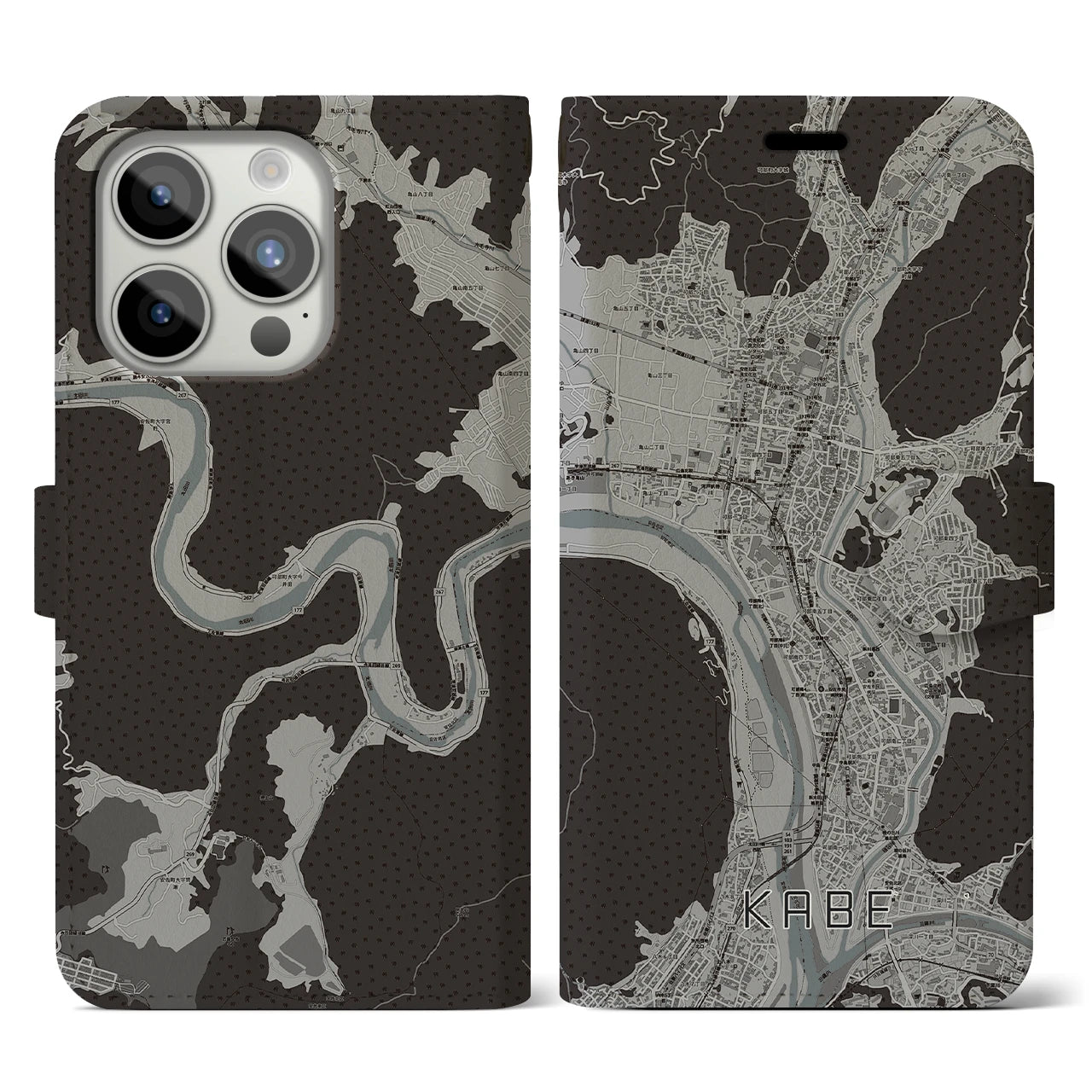 【可部(広島県)】地図柄iPhoneケース(手帳タイプ)モノトーン・iPhone 15 Pro 用