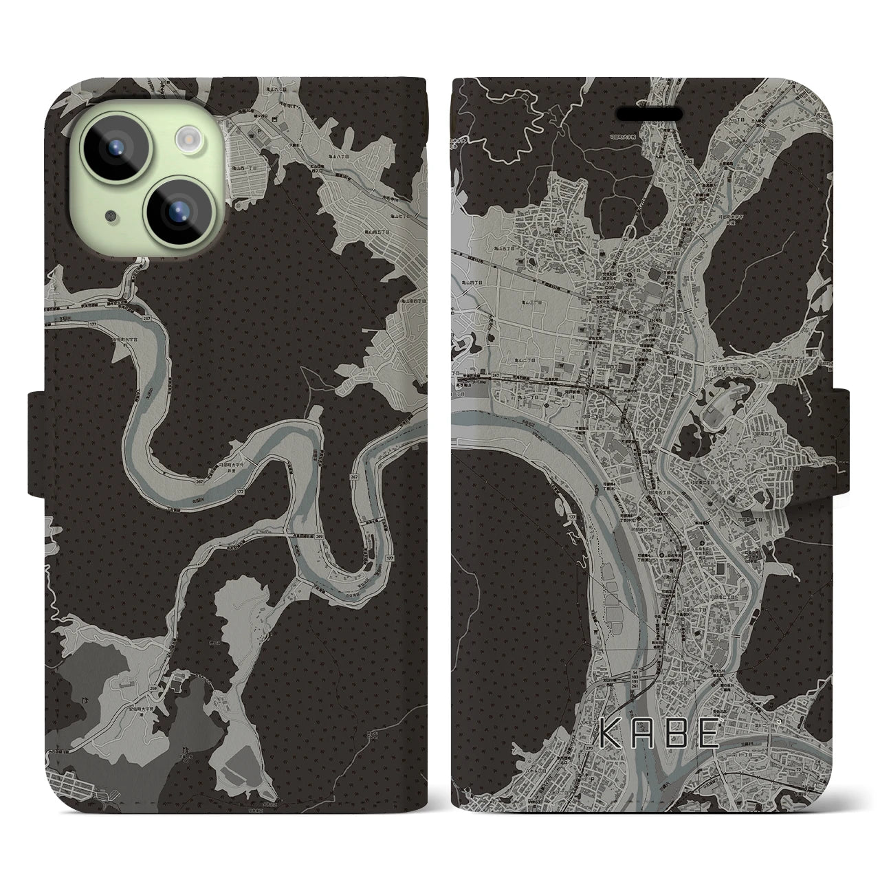 【可部(広島県)】地図柄iPhoneケース(手帳タイプ)モノトーン・iPhone 15 用