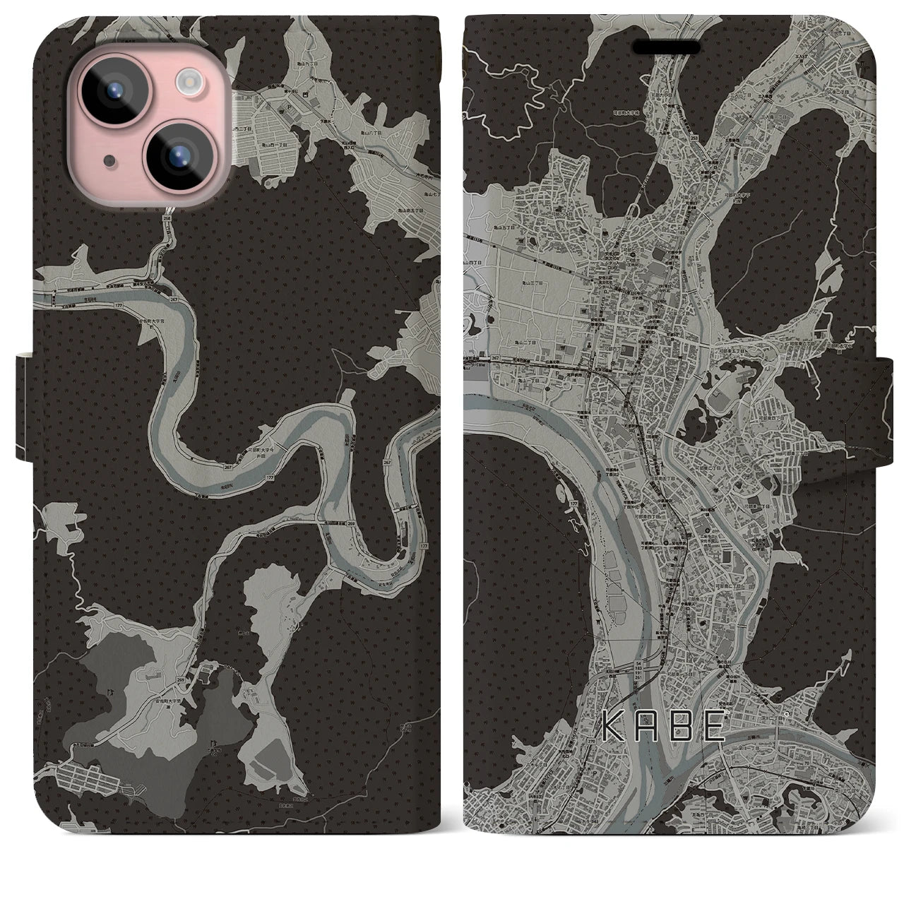 【可部(広島県)】地図柄iPhoneケース(手帳タイプ)モノトーン・iPhone 15 Plus 用