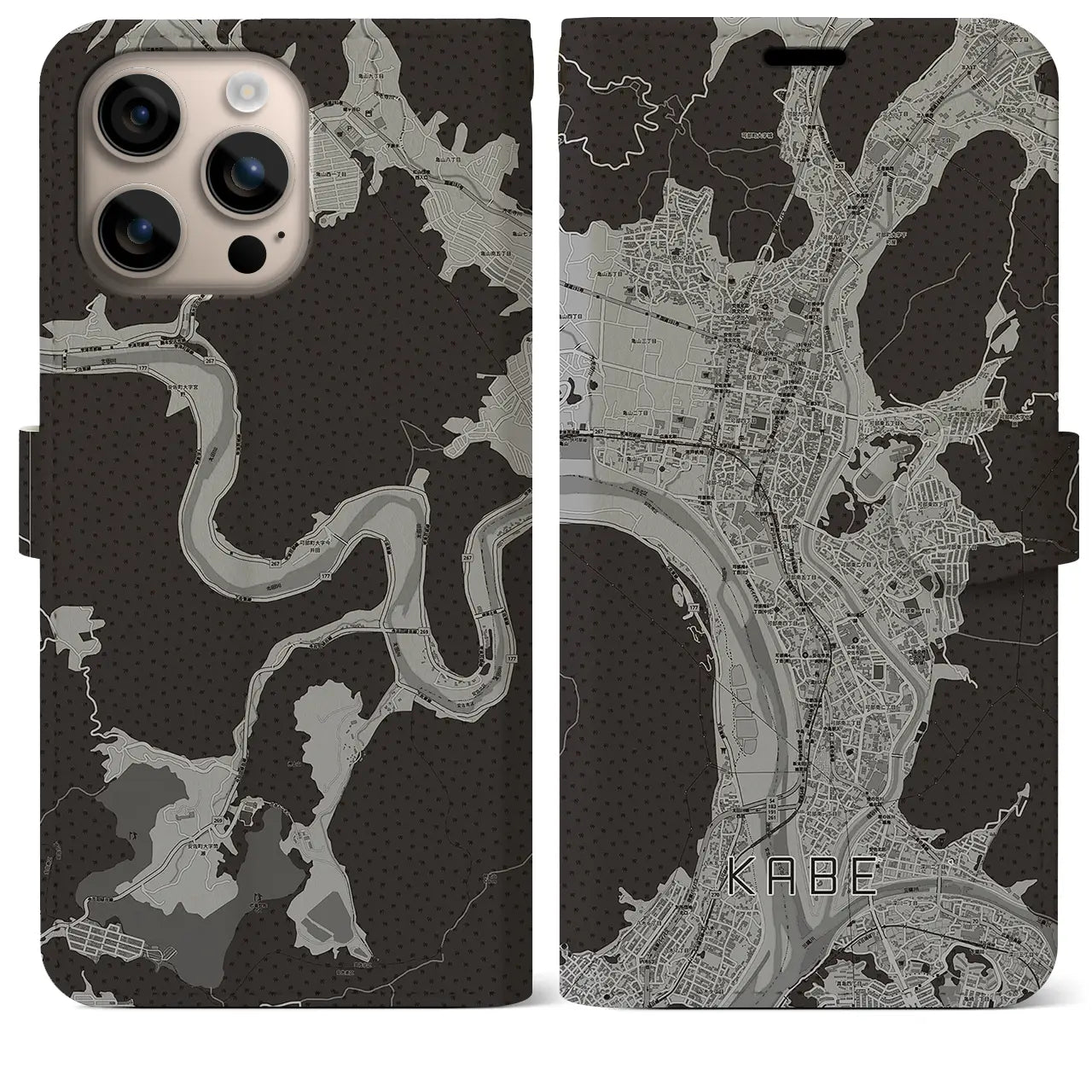 【可部(広島県)】地図柄iPhoneケース(手帳タイプ)モノトーン・iPhone 16 Plus 用