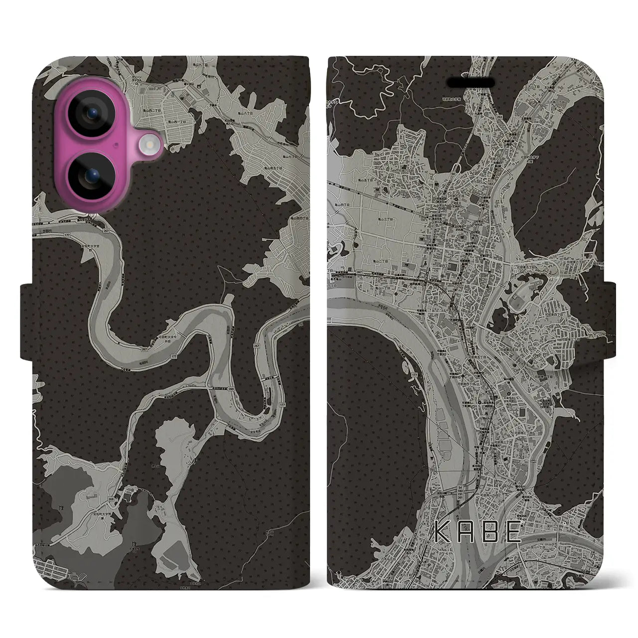 【可部(広島県)】地図柄iPhoneケース(手帳タイプ)モノトーン・iPhone 16 Pro 用