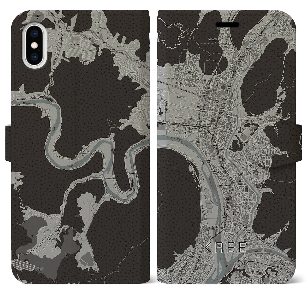 【可部(広島県)】地図柄iPhoneケース(手帳タイプ)モノトーン・iPhone XS Max 用