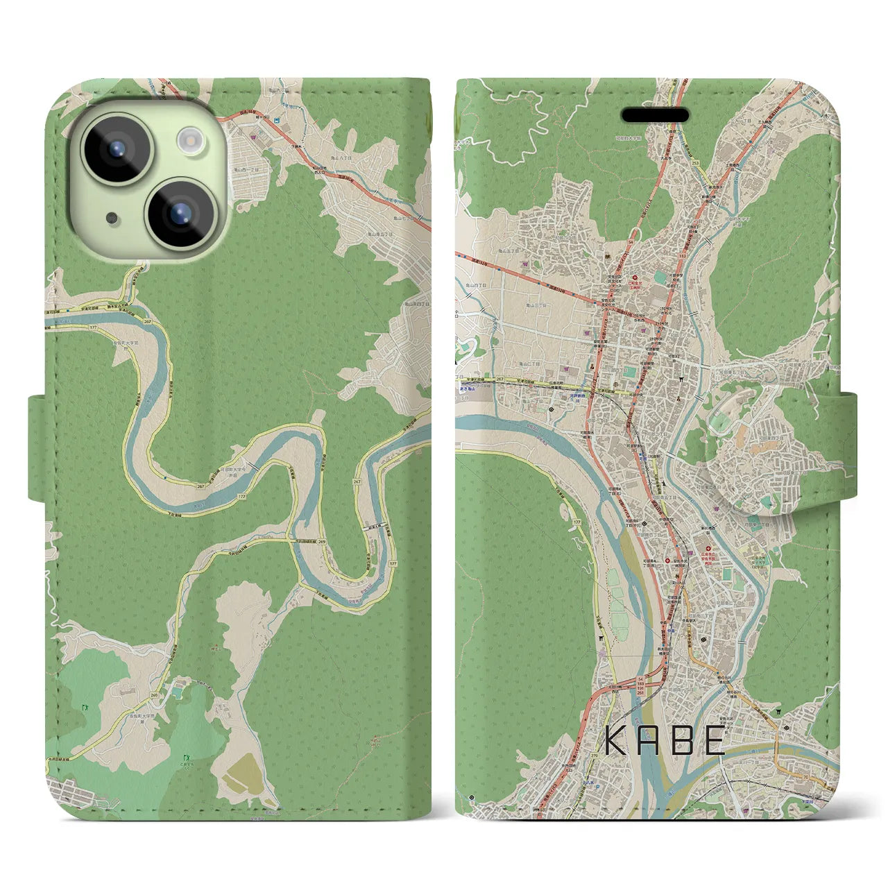 【可部(広島県)】地図柄iPhoneケース(手帳タイプ)ナチュラル・iPhone 15 用