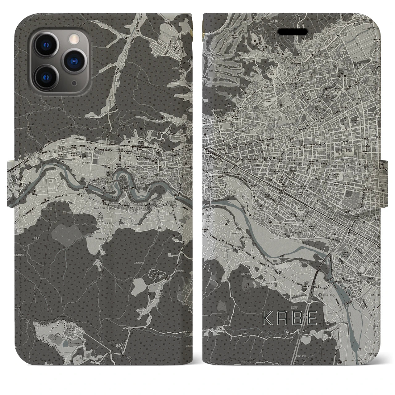 【河辺(東京都)】地図柄iPhoneケース(手帳タイプ)モノトーン・iPhone 11 Pro Max 用