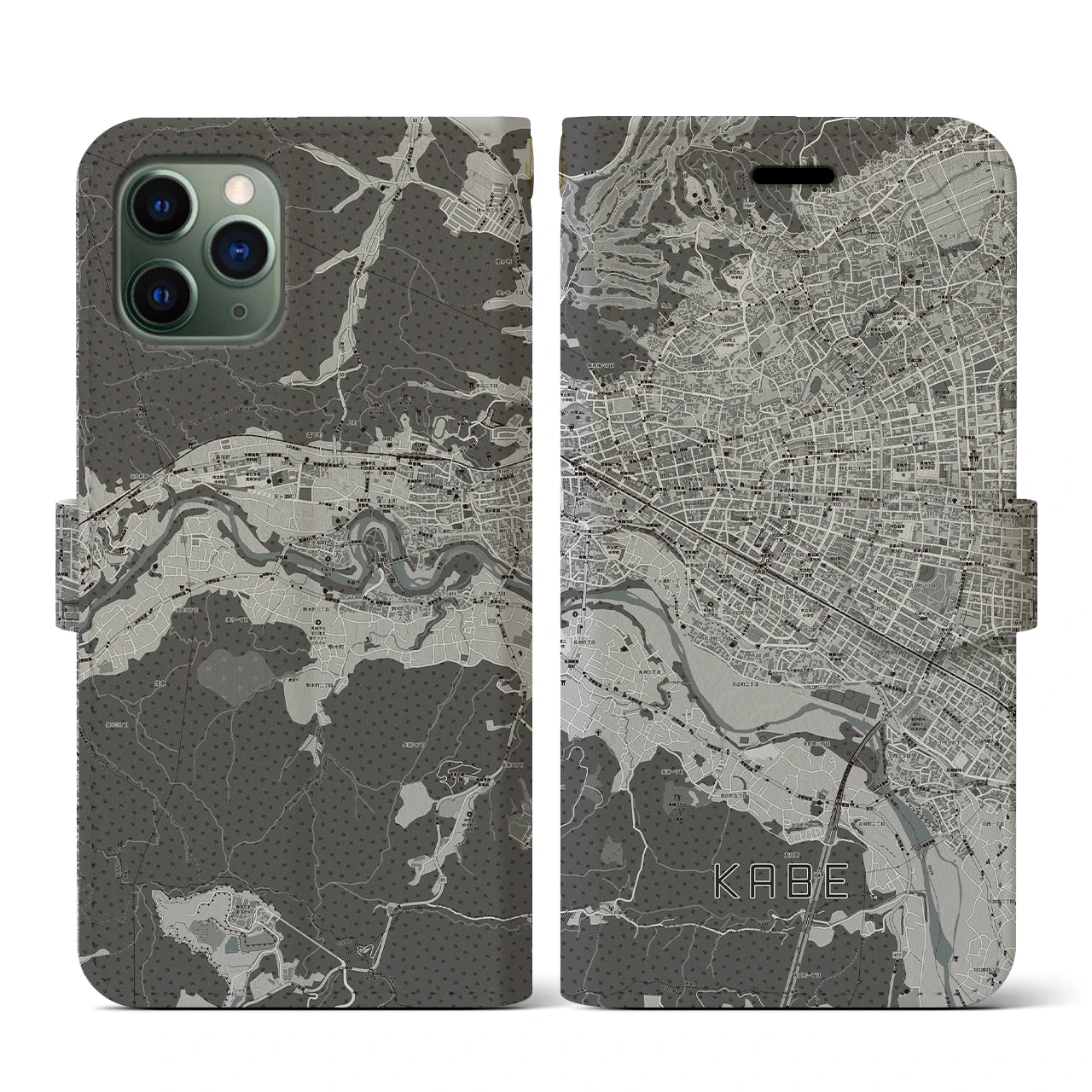 【河辺(東京都)】地図柄iPhoneケース(手帳タイプ)モノトーン・iPhone 11 Pro 用