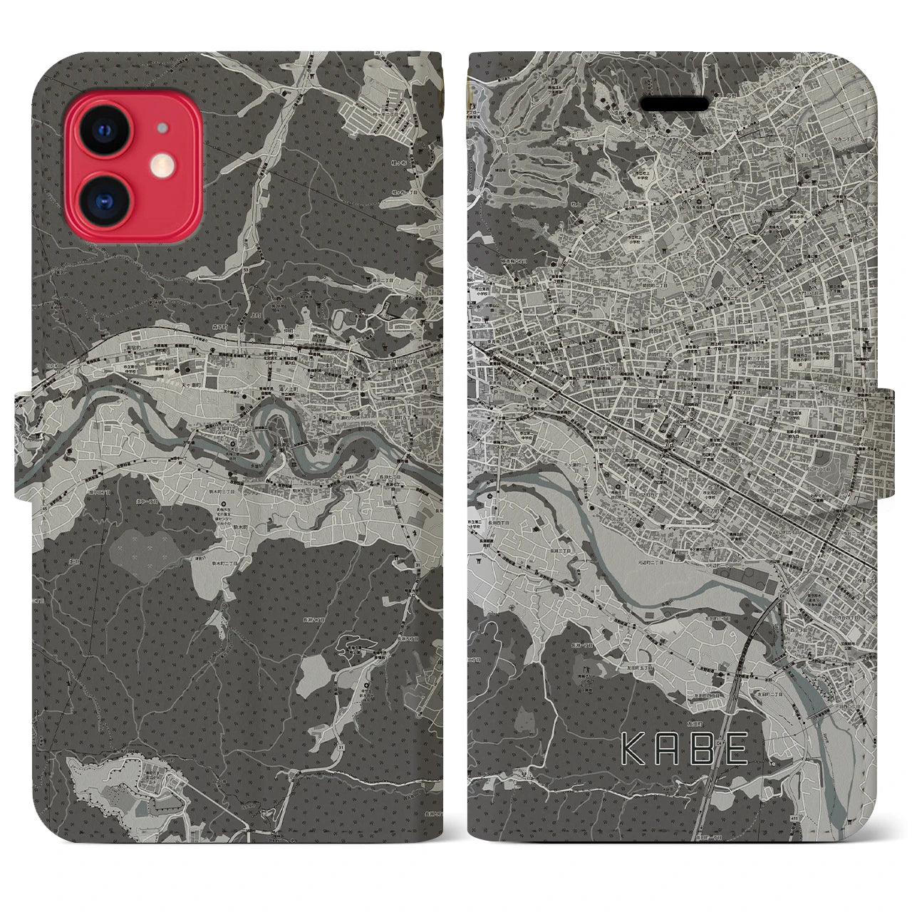 【河辺(東京都)】地図柄iPhoneケース(手帳タイプ)モノトーン・iPhone 11 用