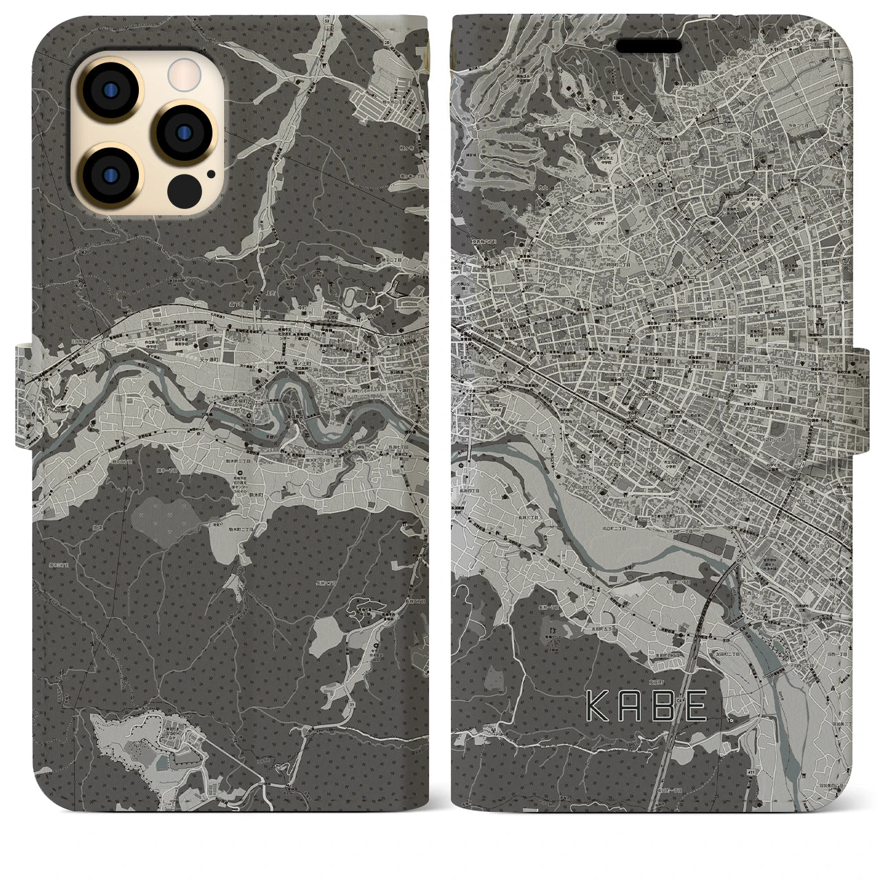 【河辺(東京都)】地図柄iPhoneケース(手帳タイプ)モノトーン・iPhone 12 Pro Max 用