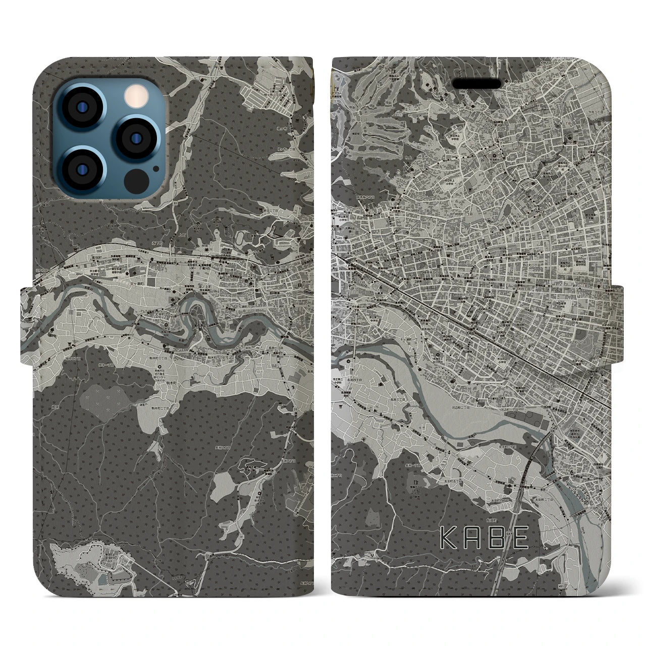 【河辺(東京都)】地図柄iPhoneケース(手帳タイプ)モノトーン・iPhone 12 / 12 Pro 用