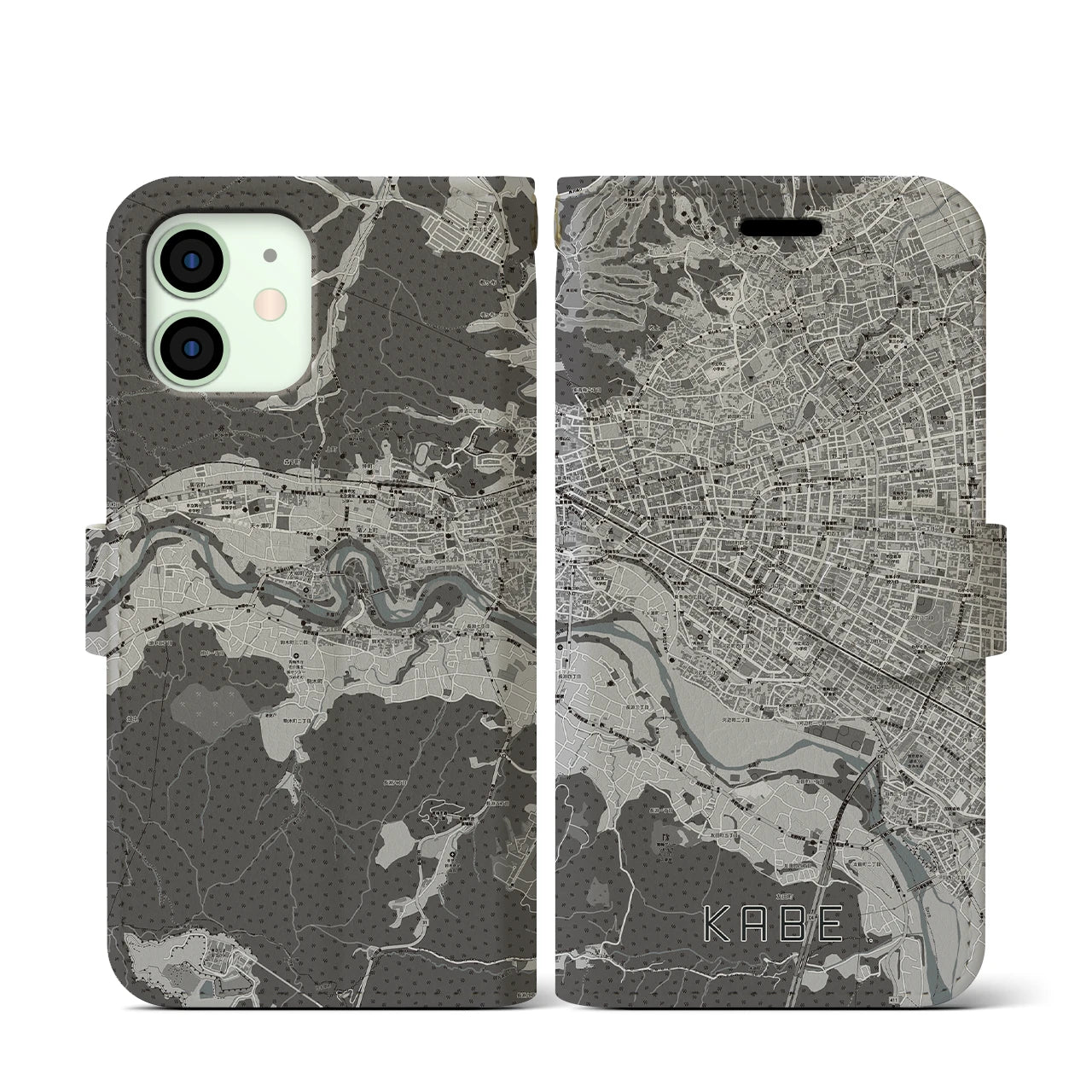 【河辺(東京都)】地図柄iPhoneケース(手帳タイプ)モノトーン・iPhone 12 mini 用