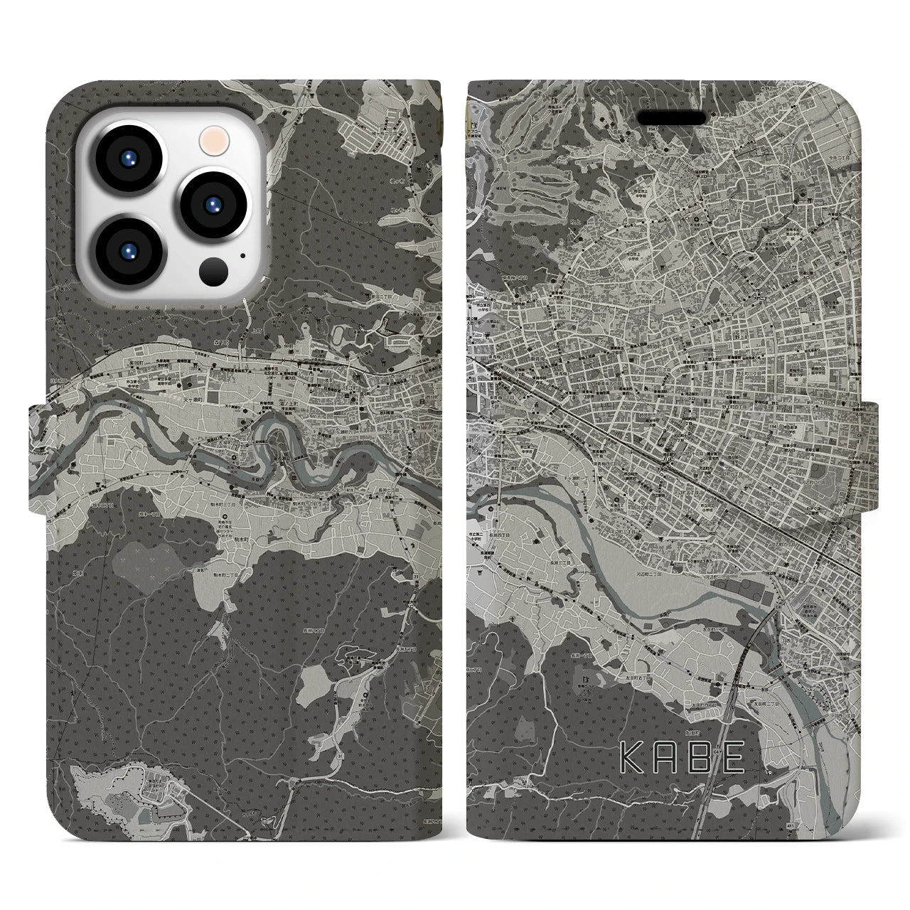 【河辺(東京都)】地図柄iPhoneケース(手帳タイプ)モノトーン・iPhone 13 Pro 用